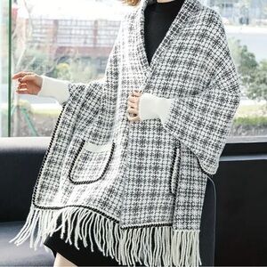 Black and White Checkered Poncho with Fringe